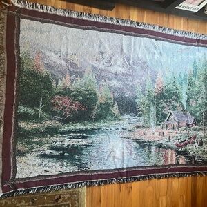 Vintage Thomas Kinkade Tapestry Throw 66”x46” Cabin on River in Mountains 2000